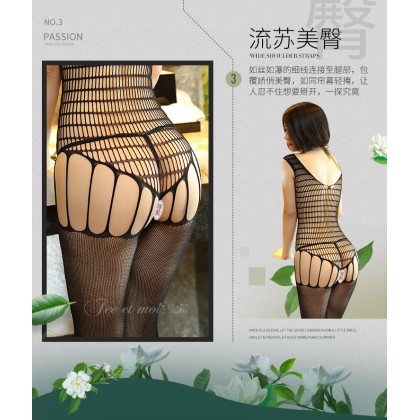 (黑色)网眼天鹅绒开档连身袜/N7558