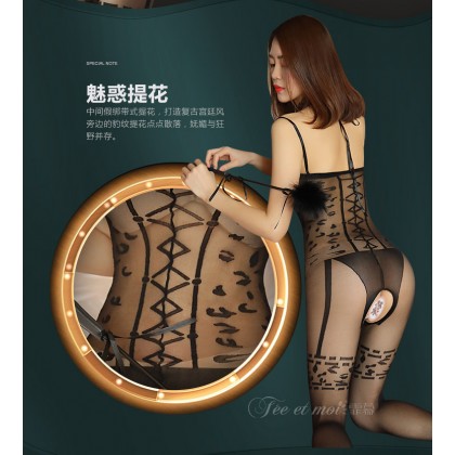 豹纹提花透视开裆连身袜/7565