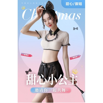 F6922/可爱甜心透视分体套装/发箍-短上衣-短裙-T裤