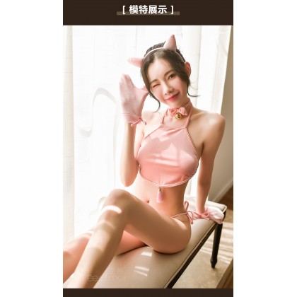 F6943/粉嫩可爱小猪套装/发箍-铃铛领结-肚兜-绑带内裤-猪蹄手套*2