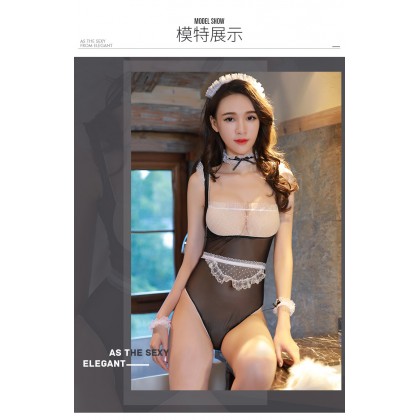 F7917/黑/连体露背开档女仆套装/发箍-颈环-手环*2-围裙-连体衣